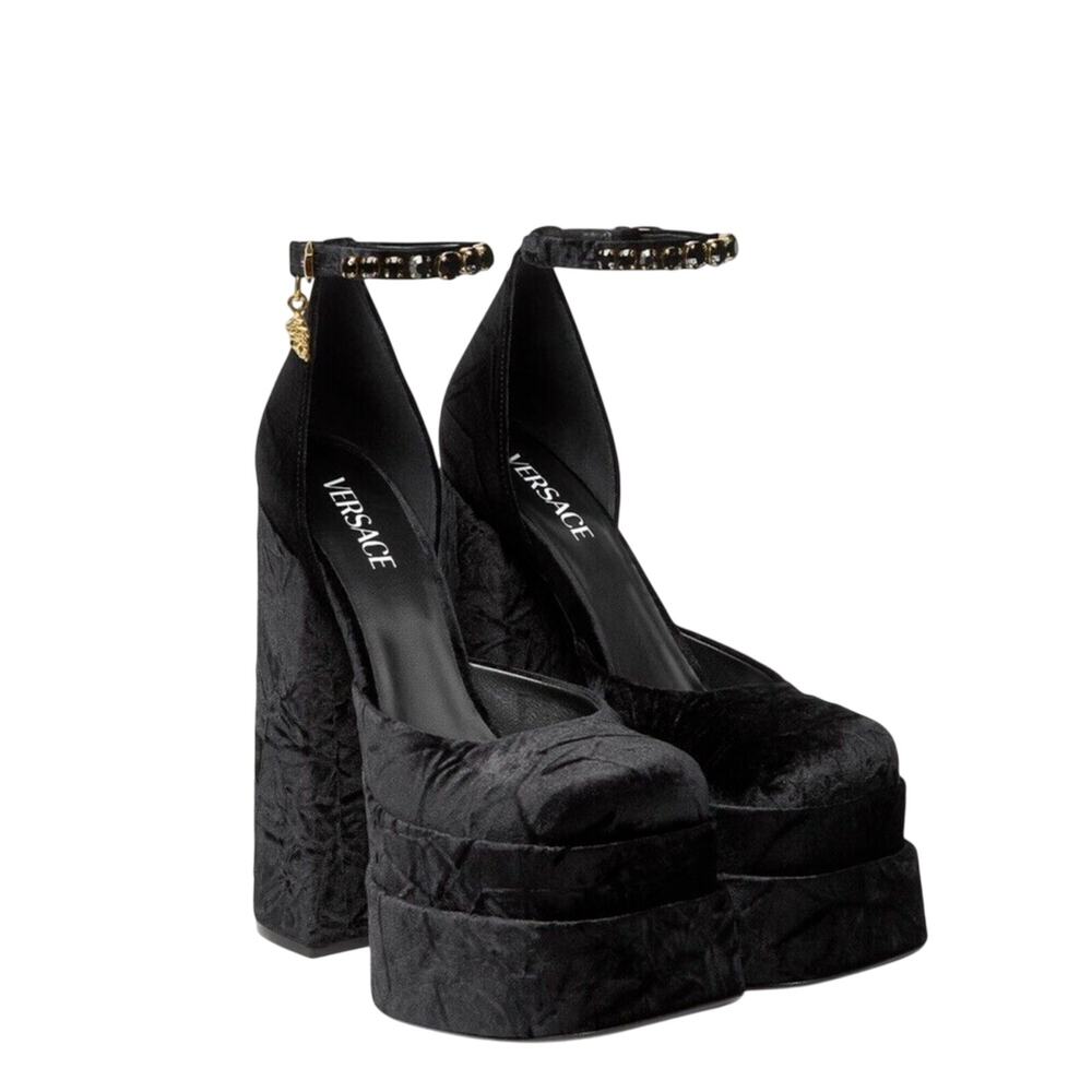 Versace Aevitas Platform Pumps EU 39/ US 9 Black Velvet Shoe Crystal NIB $1,575